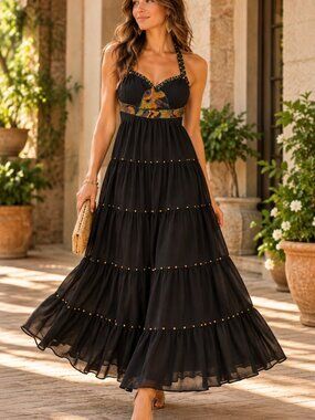 Vintage Marciano Black Beaded Halter Maxi Dress Y2K Boho
